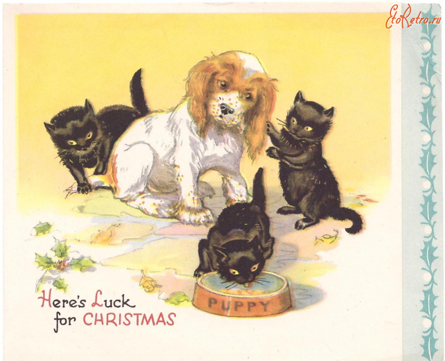 Ретро открытки - Удача в Рождество, Три чёрных котёнка и щенок