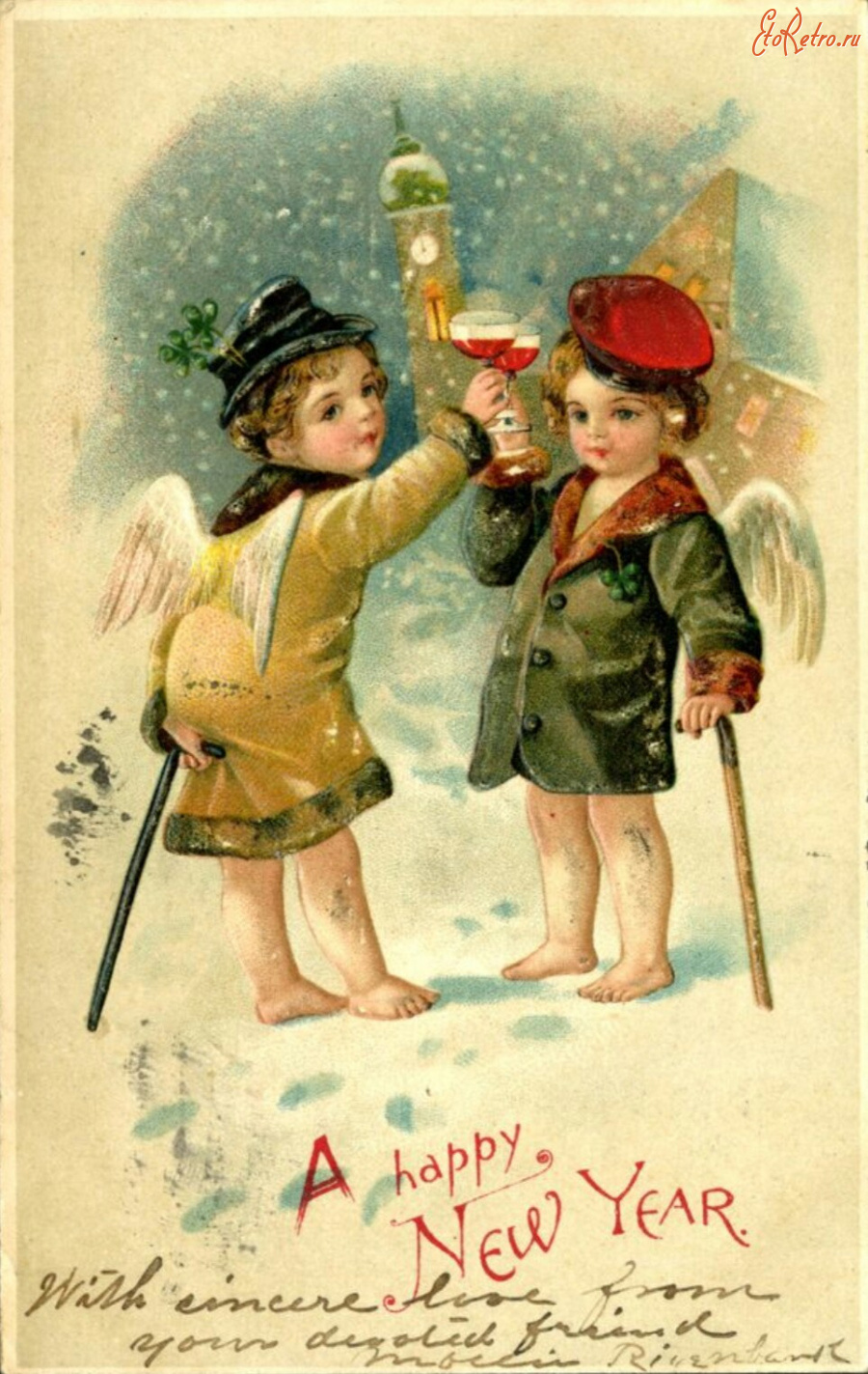 Ретро открытки - Счастливого Нового Года, Два ангела с бокалами