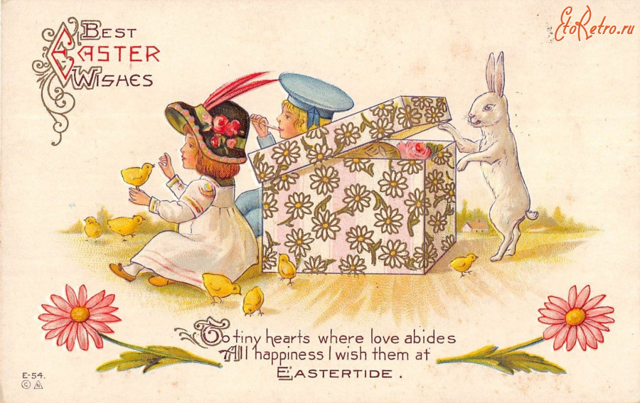 Ретро открытки - Дети, цыплята и пасхальный кролик