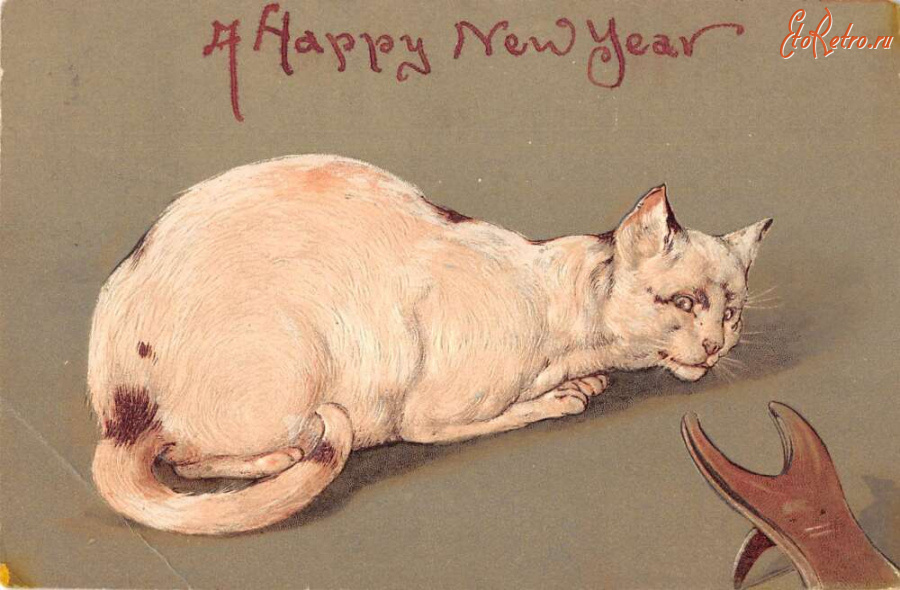 Ретро открытки - С Новым Годом, Белая кошка