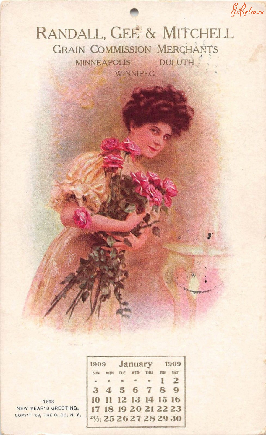 Ретро открытки - Новый Год, Девушка с розами