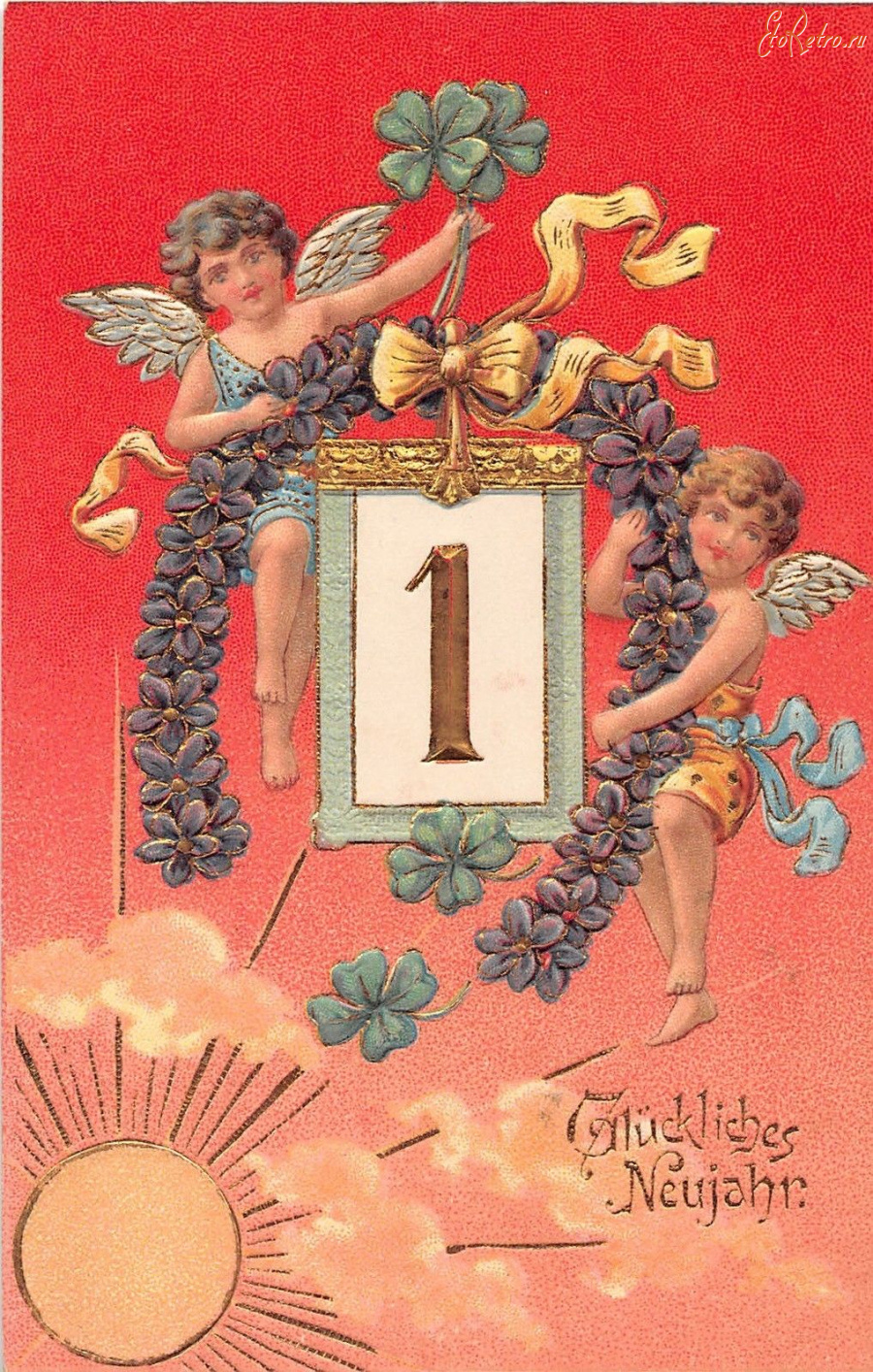 Ретро открытки - 1 января, Ангелы, клевер и цветочная подкова