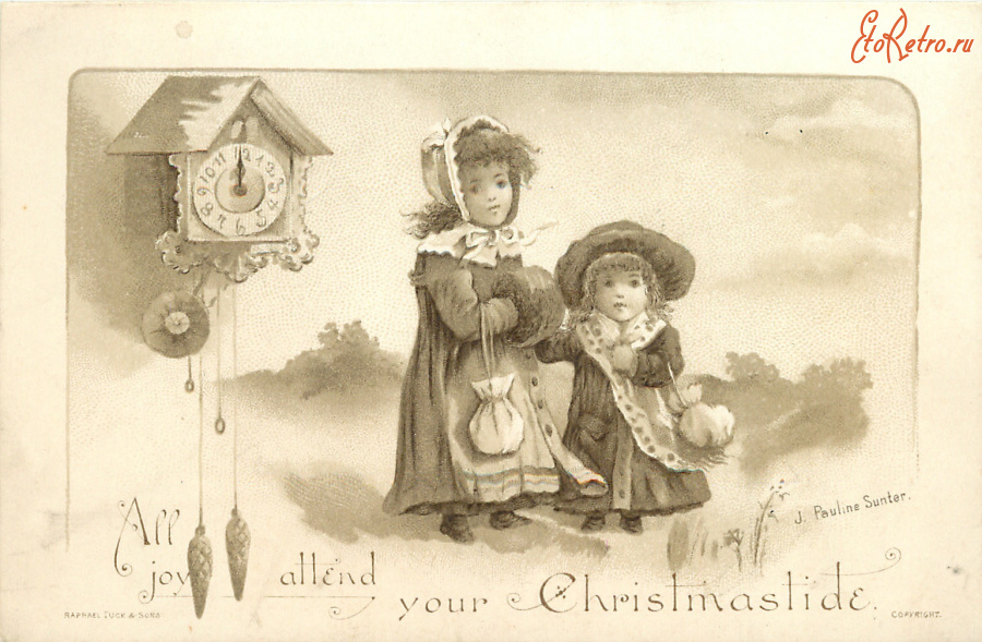Ретро открытки - С Рождеством, Девочки и счастливые часы