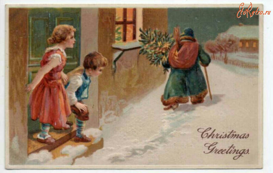 Ретро открытки - С Рождеством, Санта Клаус с подарками и дети