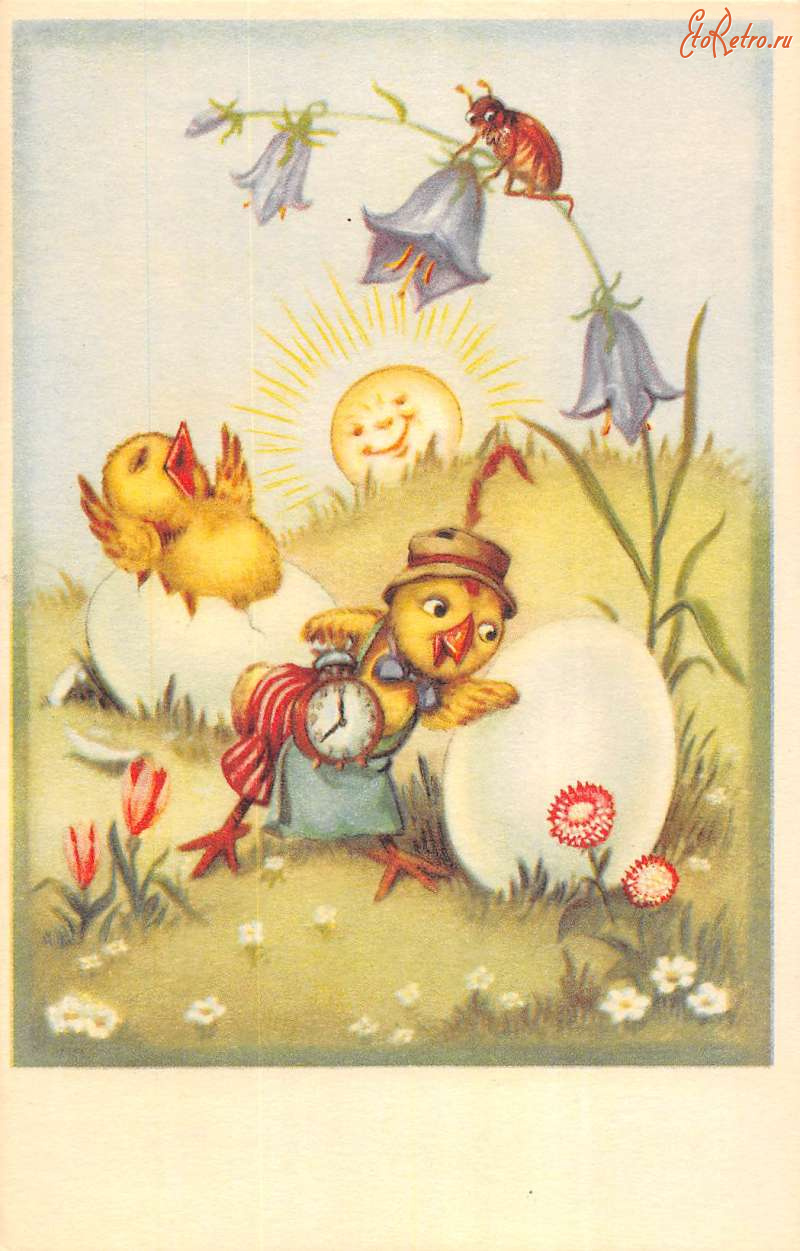 Ретро открытки - Цыплята и божья коровка на колокольчике