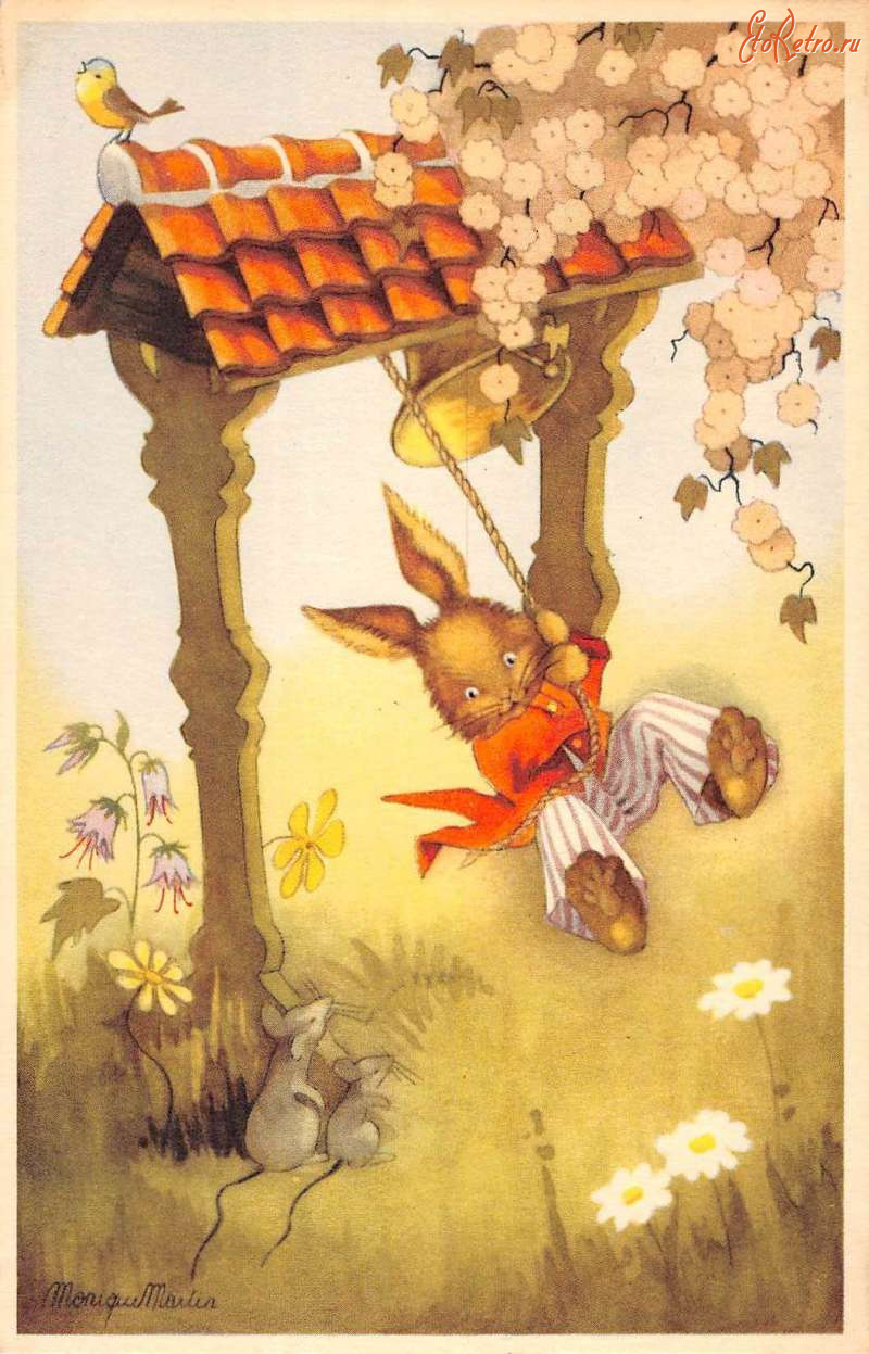 Ретро открытки - Кролик с колокольчиком