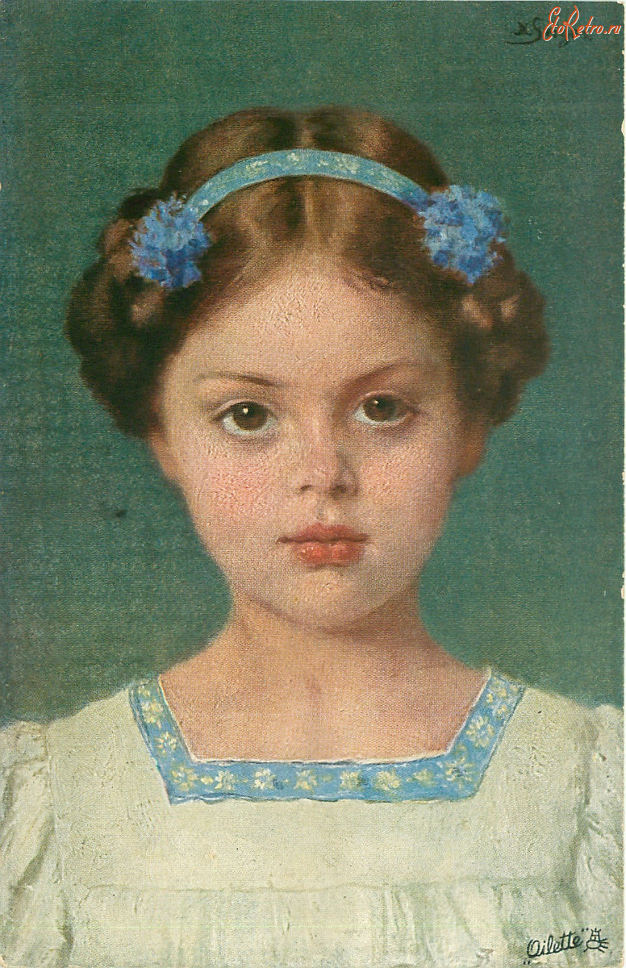 Ретро открытки - Девочка в белом платье и васильками в причёске