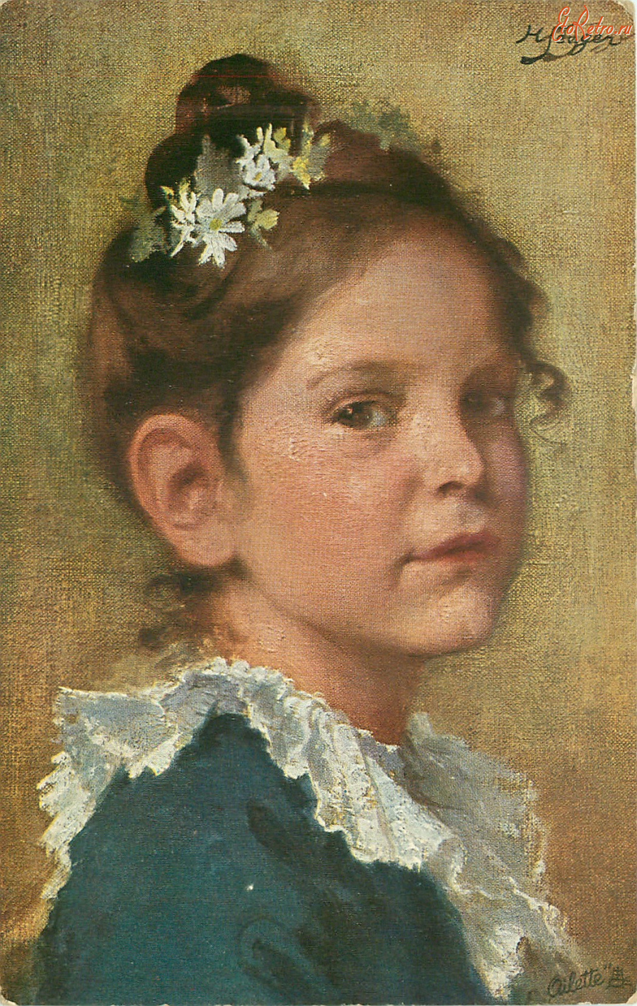 Ретро открытки - Девочка в голубом платье с белым воротником