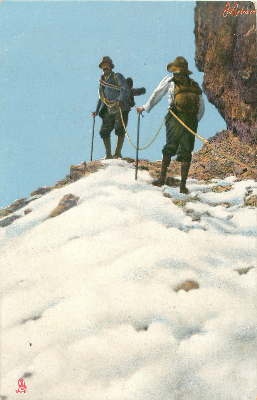 Ретро открытки - Альпинисты на снежном склоне в Доломитах