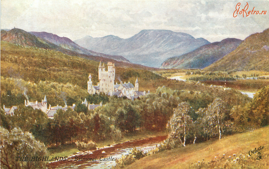 Ретро открытки - Замок Балморал и Шотландские горы