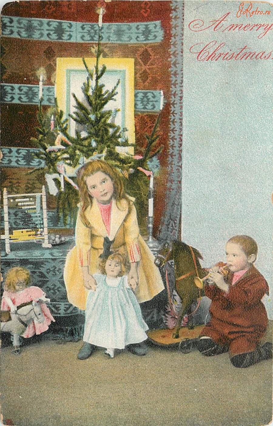 Ретро открытки - Рождество и Новый Год. Девочка с куклой и мальчик с дудочкой