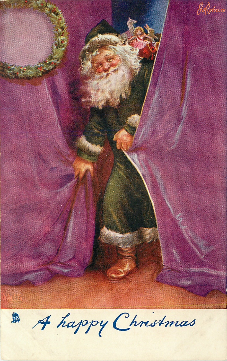 Ретро открытки - Рождество и Новый Год. Санта и фиолетовый занавес