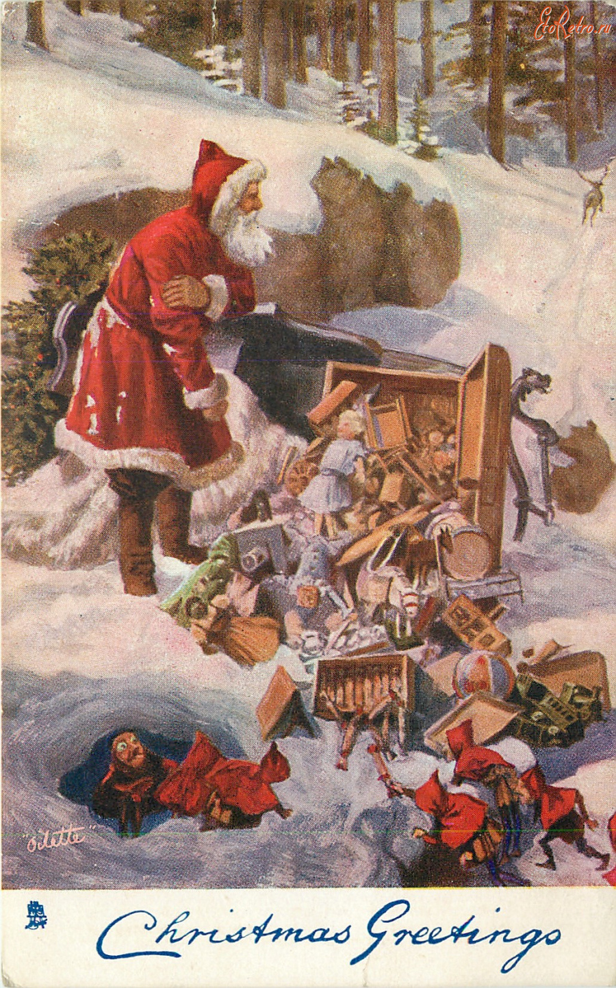 Ретро открытки - Рождество и Новый Год. Санта и убегающие олени