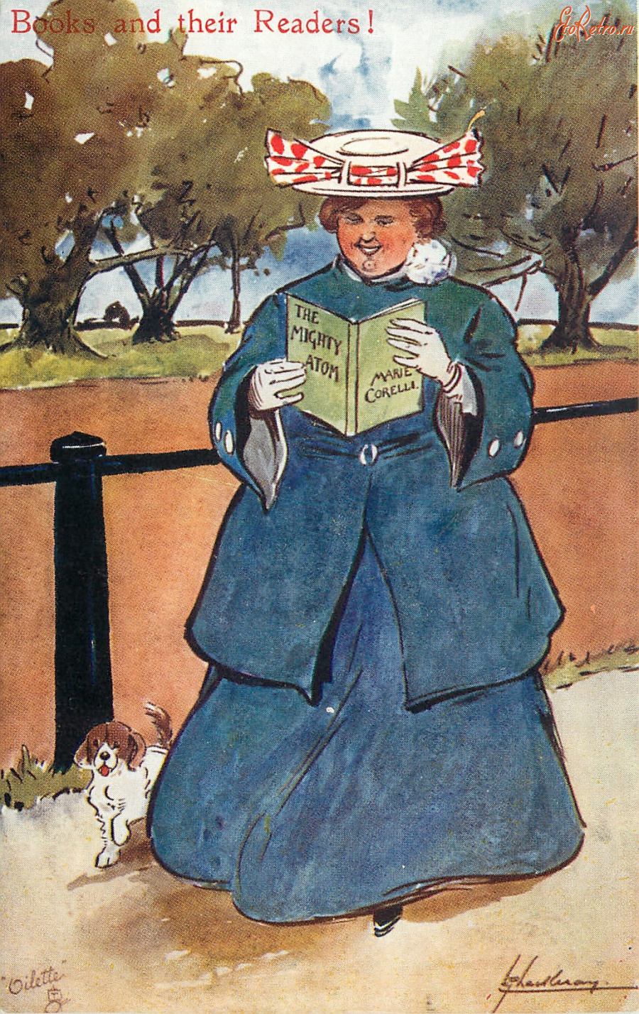 Ретро открытки - Книги и их читатели. Дама в голубом с книгой Мари Корелли 