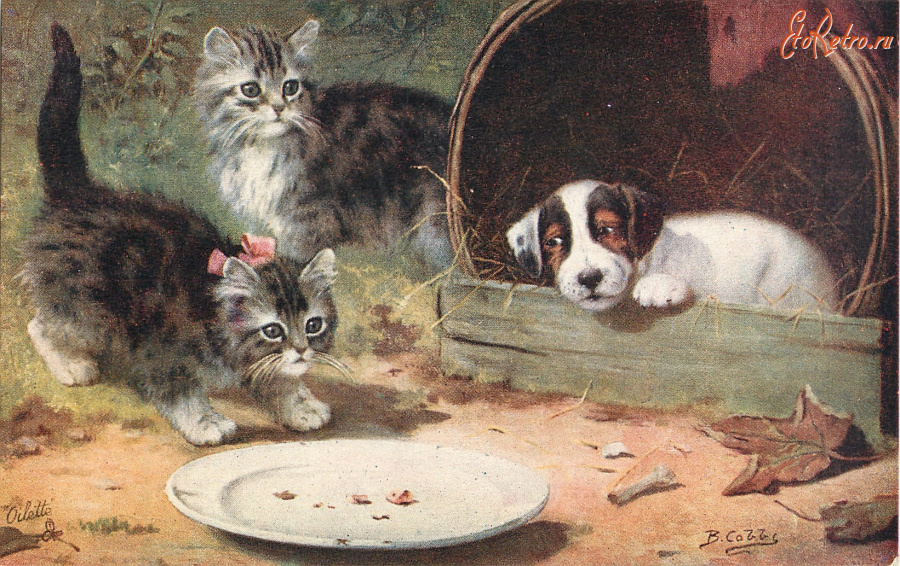 Ретро открытки - Два котёнка и щенок в будке