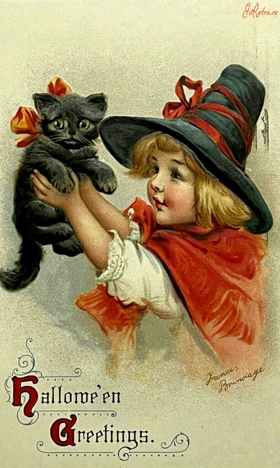 Ретро открытки - Хэллоуин. Девочка в костюме ведьмы и чёрный котёнок