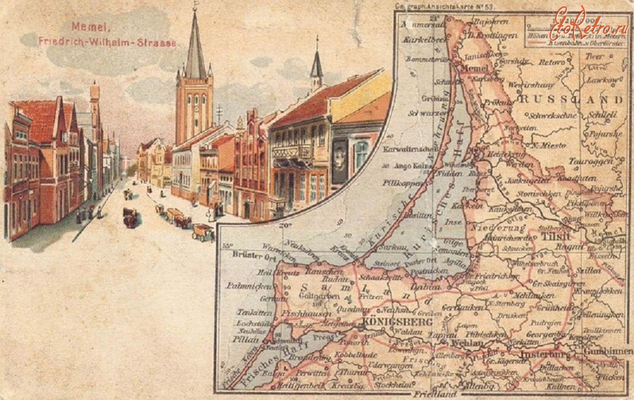 Литва - Клайпеда (Мемель). Открытка с картой Вост. Пруссии