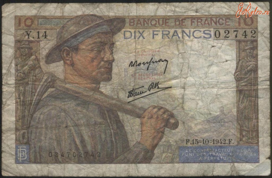 Старинные деньги (бумажные, монеты) - 10 франков