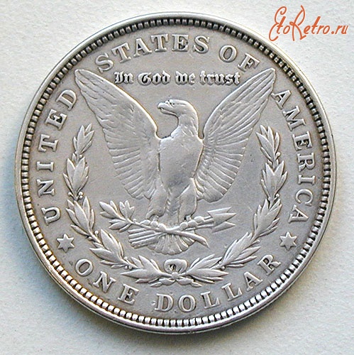 Старинные деньги (бумажные, монеты) - Серебряный «моргановский» доллар США (аверс), 1921 год.