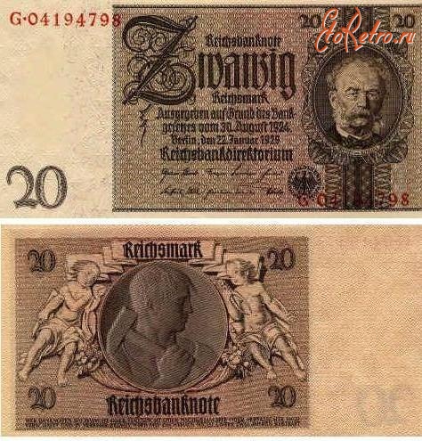 Старинные деньги (бумажные, монеты) - 20 рейхсмарок 1929 год