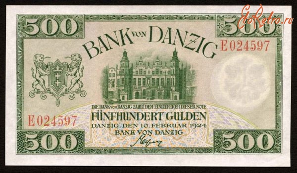 Старинные деньги (бумажные, монеты) - 500 гульденов Bank of Danzig