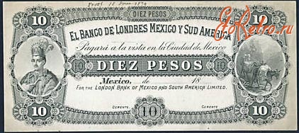 Старинные деньги (бумажные, монеты) - Бона - Мексика 1878 год, 10 песо с портретом Монтесумы