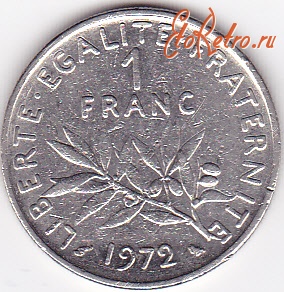 Старинные деньги (бумажные, монеты) - 1 франк 1972г.Франция.