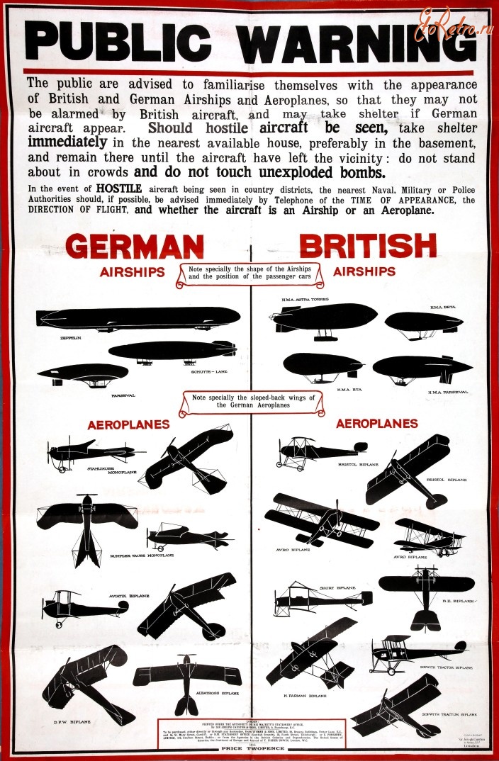 Авиация - Силуэты летательных аппаратов времён Первой Мировой войны.Плакат изданный в Великобритании.