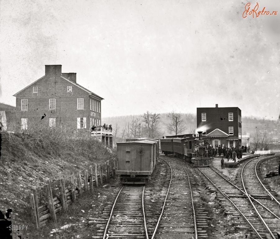 Железная дорога (поезда, паровозы, локомотивы, вагоны) - Железнодорожная станция в США времен гражданской войны