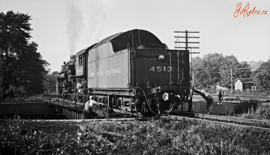 Железная дорога (поезда, паровозы, локомотивы, вагоны) - Паровоз №4513 типа 2-3-1 на поворотном круге, Нью-Йорк Центральная ж.д.
