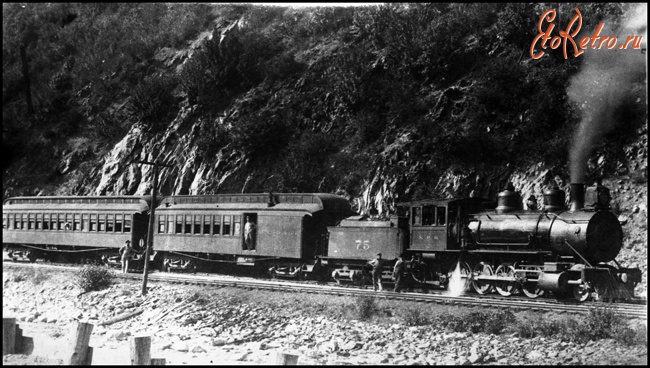 Железная дорога (поезда, паровозы, локомотивы, вагоны) - Паровоз №75 типа 1-4-0 с пассажирским поездом Северной Тихоокеанской ж.д.