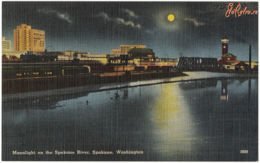 Штат Вашингтон - Река Спокан в лунном свете, штат Вашингтон