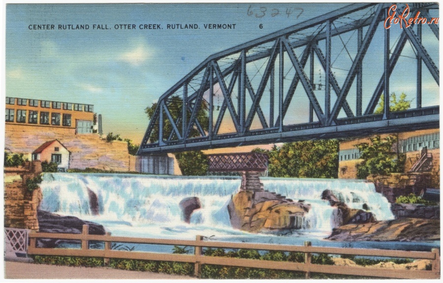 Штат Вермонт - Водопад на реке и мост в Ратленде, Вермонт