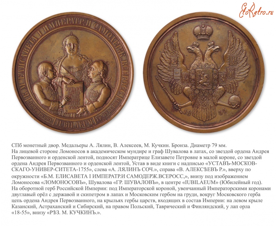 Медали, ордена, значки - Медаль на столетие Московского университета (1855 год)