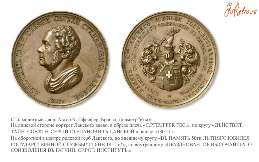 Медали, ордена, значки - Медаль «В честь 50-летия службы действительного тайного советника С.С. Ланского» (1851 год)