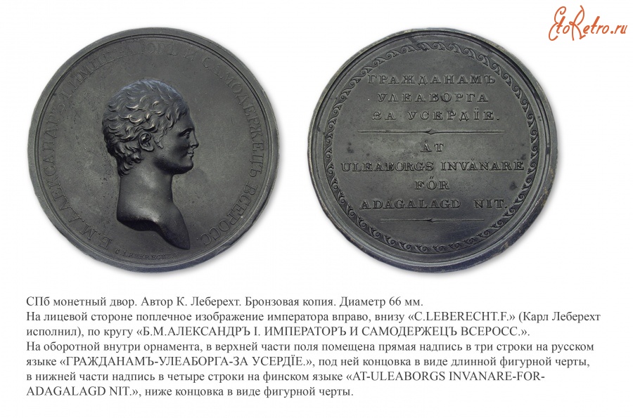 Медали, ордена, значки - Медаль «Гражданам Улеаборга за усердие» (1809 год)