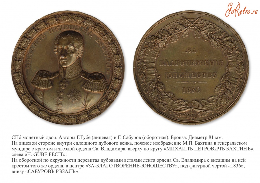 Медали, ордена, значки - Медаль «В честь генерал-майора М.П.Бахтина» (1836 год)