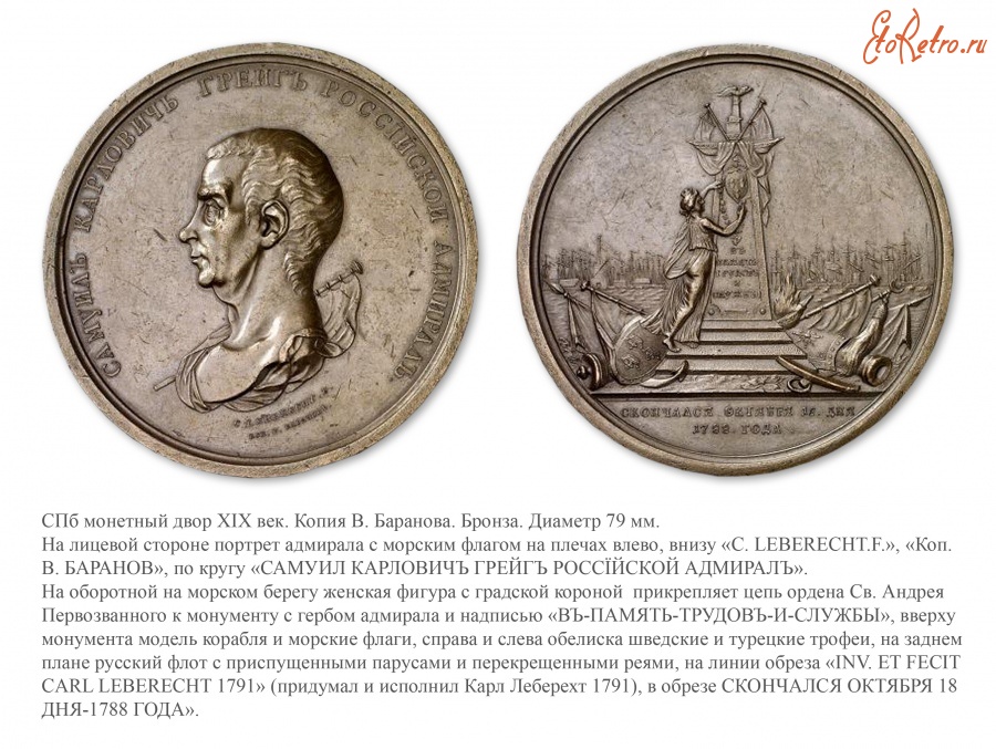 Медали, ордена, значки - Настольная медаль «В память кончины адмирала С. К. Грейга» (1788 год)