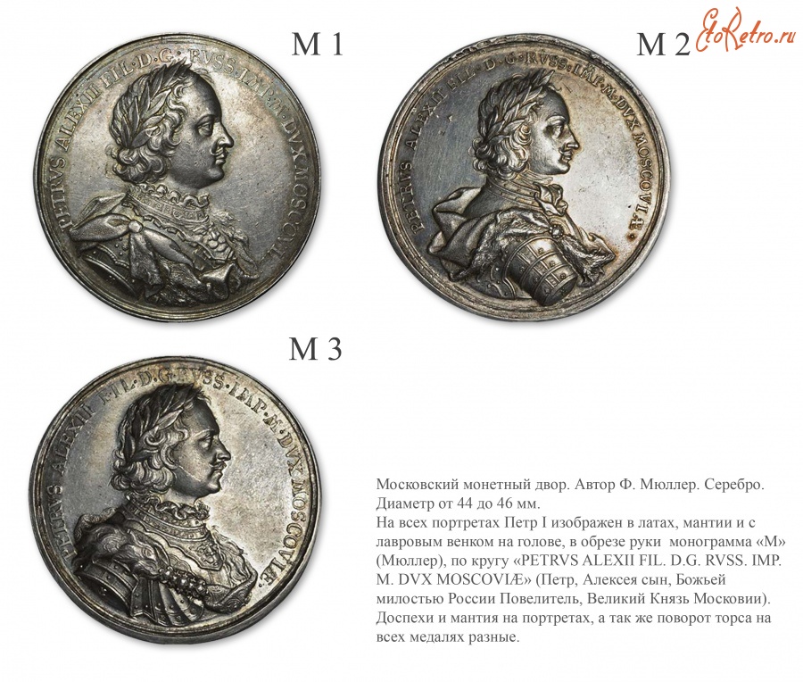 Медали, ордена, значки - Портреты Петра I работы Филиппа Генриха Мюллера (М1, М2, М3)