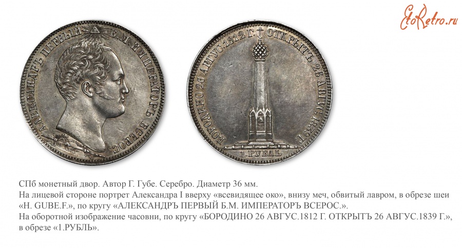 Медали, ордена, значки - Памятный рубль «В честь открытия часовни на Бородинском поле» (1839 год)