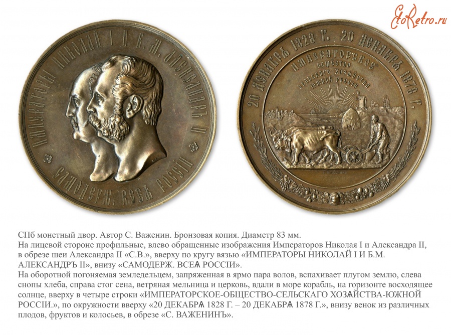 Медали, ордена, значки - Большая медаль «В память 50-летия Императорского Общества сельского хозяйства Южной России» (1878 год)