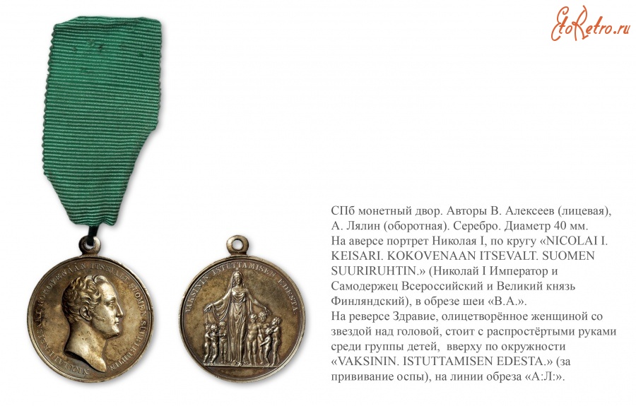 Медали, ордена, значки - Наградная медаль «За прививание оспы» для жителей Великого Княжества Финляндского» (1830 год)