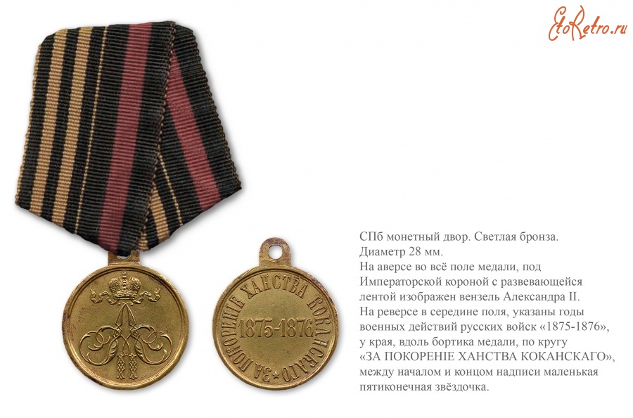 Медали, ордена, значки - Наградная медаль «За покорение ханства Кокандского 1875-1876» (1876 год)
