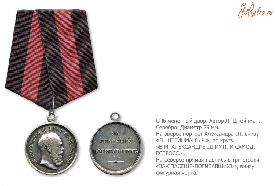 Медали, ордена, значки - Наградная медаль «За спасение погибавших» (1881 год)