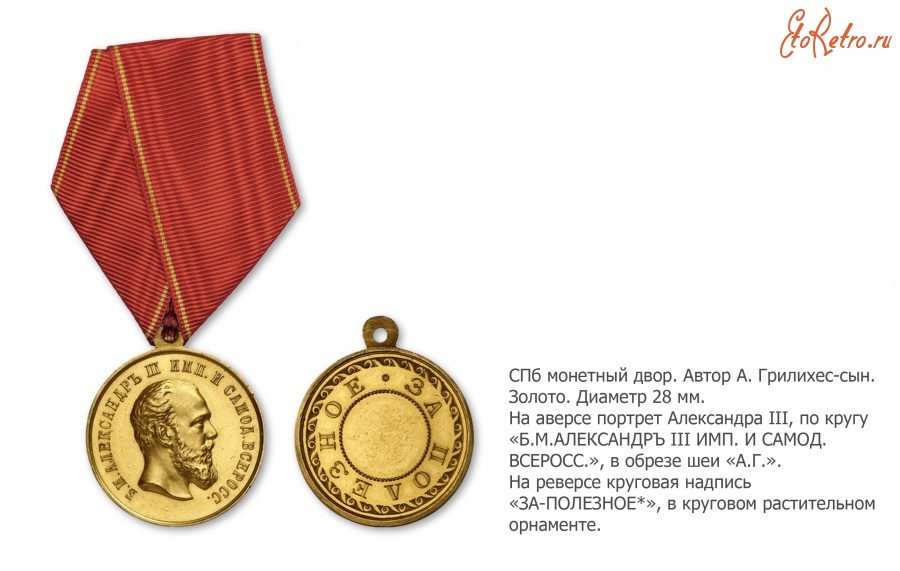 Медали, ордена, значки - Наградная нагрудная медаль «За полезное» (1881 год)
