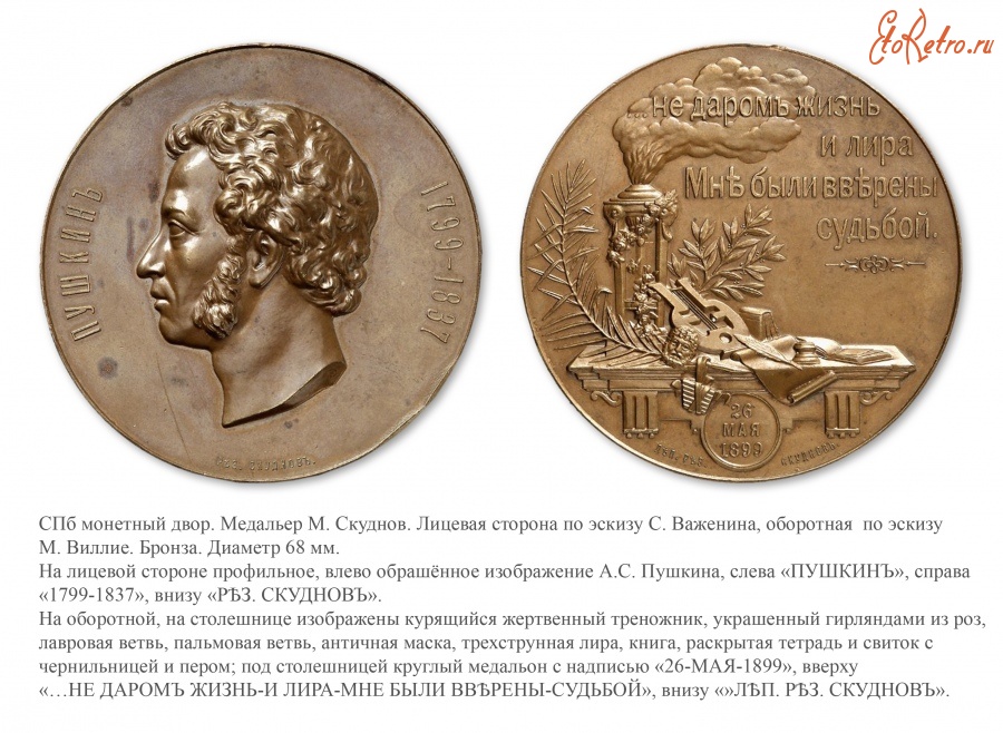 Медали, ордена, значки - Медаль в память 100-летия со дня рождения А. С. Пушкина (для Императорской Академии наук)