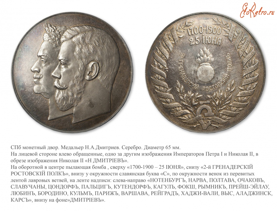 Медали, ордена, значки - Медаль в память 200-летнего юбилея 2-го Гренадерского Ростовского полка