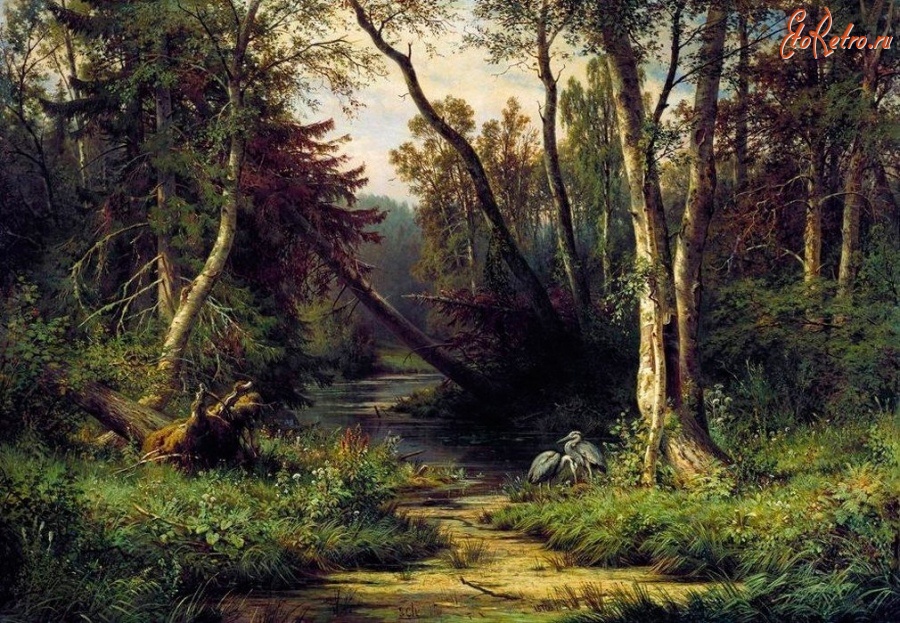 Картины - «Лесной пейзаж с цаплями» 1870. Иван Шишкин.