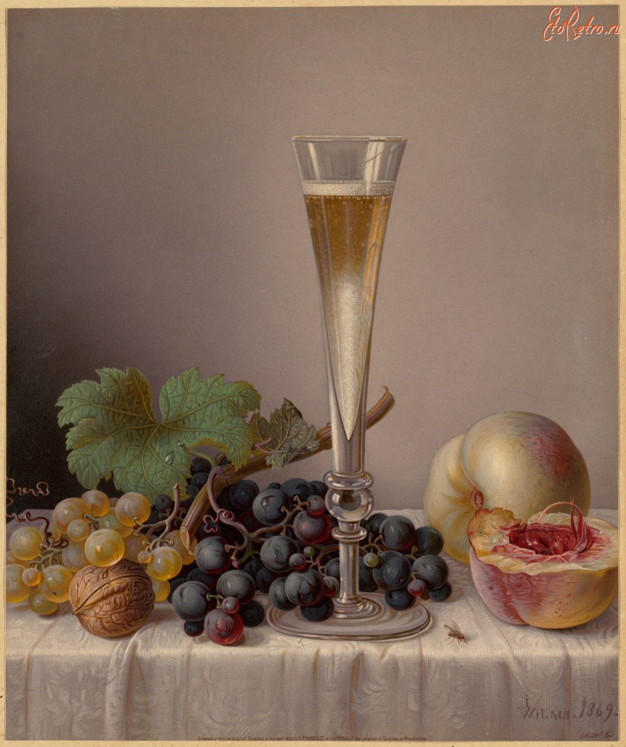 Картины - Натюрморт с персиками, виноградом и орехами