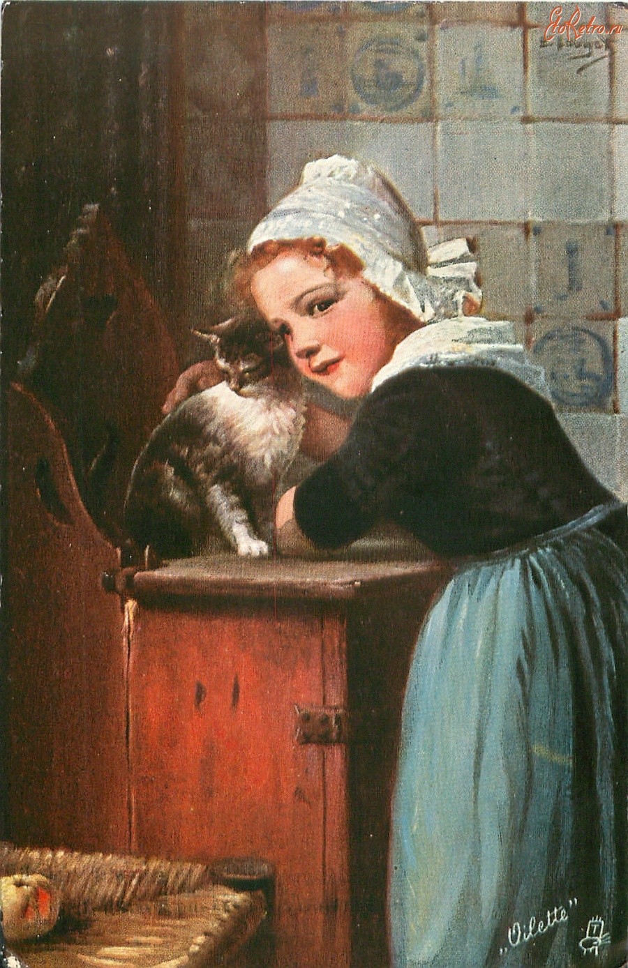 Картины - Девочка с кошкой в интерьере кухни